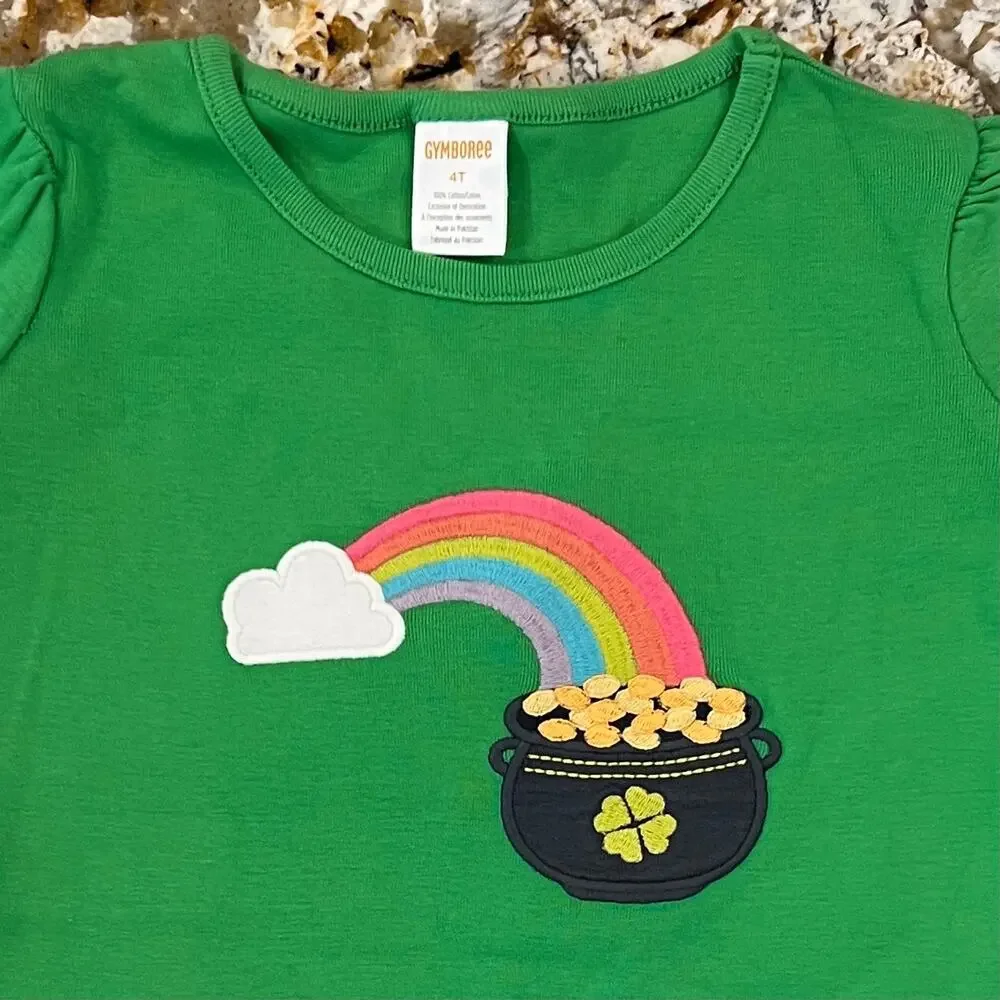 NWT Gymboree Green W/Embroidered Rainbow Top & Shamrock Hair Clips